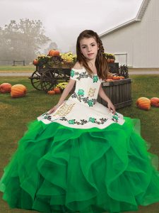 Custom Designed Straps Sleeveless Organza Little Girls Pageant Dress Embroidery and Ruffles Lace Up
