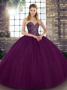  Beading Quinceanera Dress Dark Purple Lace Up Sleeveless Floor Length