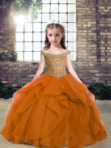  Orange Organza and Tulle Lace Up Off The Shoulder Sleeveless Floor Length Girls Pageant Dresses Beading