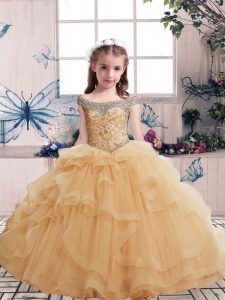  Off The Shoulder Sleeveless Tulle Kids Formal Wear Beading and Ruffles Lace Up
