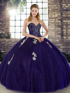 Excellent Sweetheart Sleeveless Sweet 16 Dresses Floor Length Beading and Appliques Purple Tulle