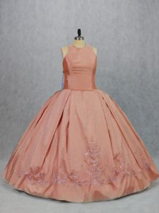  Peach Sleeveless Embroidery Floor Length Quinceanera Gown