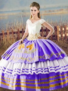  Sleeveless Satin Floor Length Lace Up Quinceanera Dress in White And Purple with Embroidery and Ruffled Layers