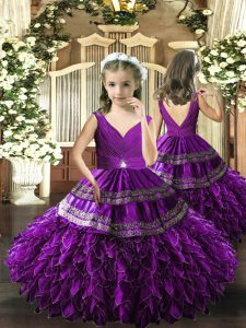 Floor Length Ball Gowns Sleeveless Eggplant Purple Little Girls Pageant Gowns Backless