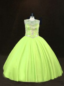 Dramatic Scoop Sleeveless Lace Up Sweet 16 Dress Yellow Green Tulle