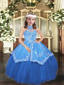  Embroidery Girls Pageant Dresses Blue Lace Up Sleeveless Floor Length