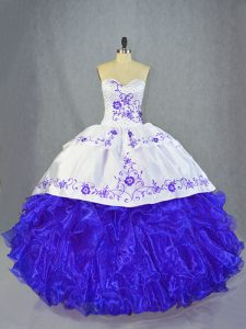 Custom Design Blue And White Sleeveless Beading and Embroidery and Ruffles Lace Up Quinceanera Dresses