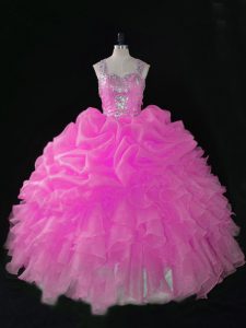Fantastic Sleeveless Organza Floor Length Zipper Vestidos de Quinceanera in Hot Pink with Beading and Ruffles and Pick Ups