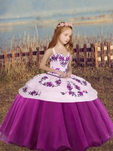  Sleeveless Organza High Low Lace Up Little Girl Pageant Dress in Fuchsia with Embroidery