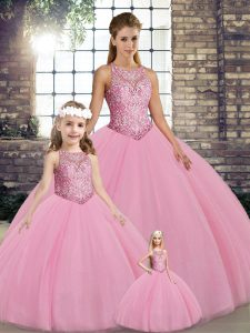 Custom Designed Floor Length Pink 15 Quinceanera Dress Tulle Sleeveless Embroidery