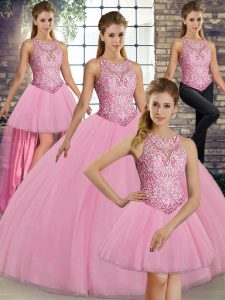 Pretty Pink Ball Gowns Scoop Sleeveless Tulle Floor Length Lace Up Embroidery 15th Birthday Dress