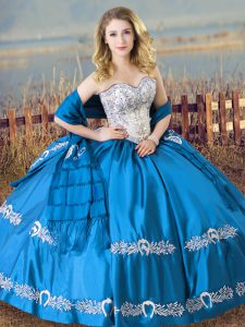 Inexpensive Baby Blue Lace Up Sweetheart Beading and Embroidery Sweet 16 Dress Satin Sleeveless