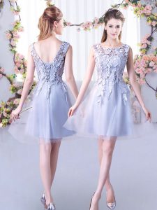 Enchanting Grey A-line Tulle Scoop Sleeveless Lace Mini Length Lace Up Quinceanera Court of Honor Dress
