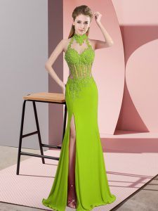  Sleeveless Chiffon Floor Length Backless Prom Gown in Green with Lace and Appliques