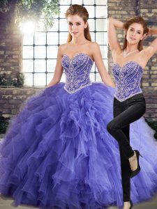 Customized Sleeveless Tulle Floor Length Lace Up Quinceanera Gown in Lavender with Beading and Ruffles