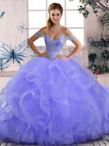 Shining Sleeveless Tulle Asymmetrical Lace Up Quinceanera Gowns in Lavender with Beading and Ruffles