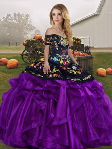  Black And Purple Ball Gowns Embroidery and Ruffles 15th Birthday Dress Lace Up Organza Sleeveless Floor Length