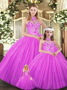  Halter Top Sleeveless Vestidos de Quinceanera Floor Length Embroidery Lilac Tulle