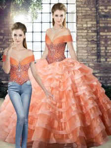 Free and Easy Sleeveless Beading and Ruffled Layers Lace Up Ball Gown Prom Dress with Peach Brush Train