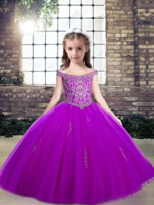 Perfect Purple Sleeveless Appliques Floor Length Girls Pageant Dresses