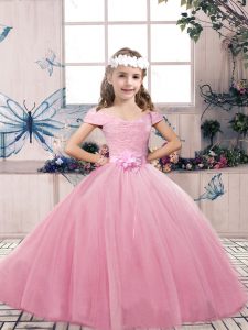  Sleeveless Floor Length Lace and Bowknot Lace Up Little Girls Pageant Gowns with Pink 