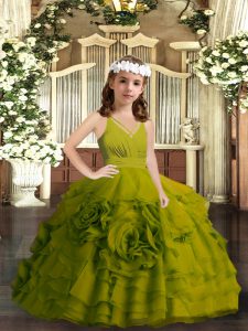  Straps Sleeveless Pageant Gowns For Girls Floor Length Ruffled Layers Olive Green Organza