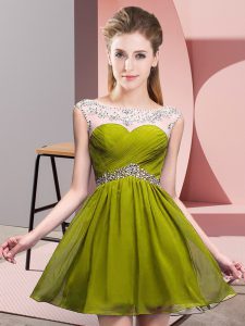  Mini Length Olive Green Prom Dress Chiffon Sleeveless Beading and Ruching
