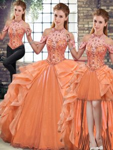 Flare Beading and Ruffles Sweet 16 Dress Orange Lace Up Sleeveless Floor Length