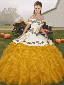 Classical Gold Sleeveless Floor Length Embroidery and Ruffles Lace Up Quinceanera Gowns