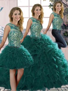  Peacock Green Lace Up Scoop Beading and Ruffles Ball Gown Prom Dress Organza Sleeveless