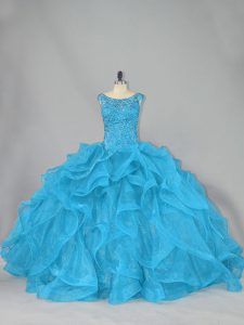 Dazzling Aqua Blue Scoop Lace Up Beading and Ruffles Quince Ball Gowns Brush Train Sleeveless