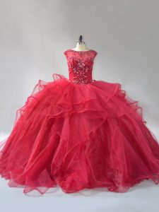 Custom Designed Wine Red Lace Up Ball Gown Prom Dress Beading and Ruffles Sleeveless Brush Train