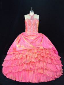 Exquisite Rose Pink Lace Up Halter Top Beading and Ruffled Layers Quinceanera Gown Organza Sleeveless