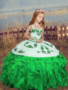 High Quality Organza Straps Sleeveless Lace Up Embroidery Little Girls Pageant Gowns in Green