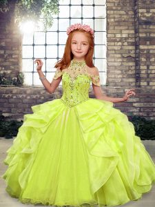 Latest Ball Gowns Little Girls Pageant Dress Yellow Green High-neck Organza Sleeveless Floor Length Lace Up