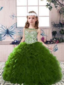 New Style Olive Green Ball Gowns Beading and Ruffles Little Girls Pageant Gowns Lace Up Organza Sleeveless Floor Length