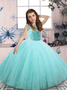  Floor Length Lace Up Kids Pageant Dress Aqua Blue for Party and Wedding Party with Beading