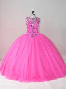 Sweet Rose Pink Sleeveless Floor Length Beading Lace Up Sweet 16 Dresses