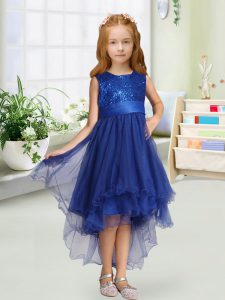  Royal Blue Sleeveless High Low Sequins and Bowknot Zipper Flower Girl Dresses for Less