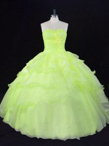  Floor Length Yellow Green Sweet 16 Dresses Organza Sleeveless Ruffles and Hand Made Flower