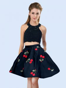  Black Two Pieces Satin Halter Top Sleeveless Pattern Mini Length Lace Up Dama Dress
