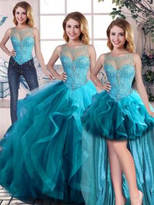Perfect Aqua Blue Tulle Lace Up 15th Birthday Dress Sleeveless Floor Length Beading and Ruffles