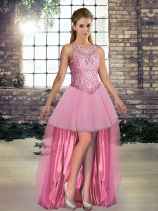 Edgy Pink Tulle Lace Up Scoop Sleeveless High Low Prom Dress Beading