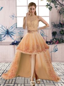 Captivating High Low Gold Homecoming Dress Tulle Sleeveless Beading and Lace