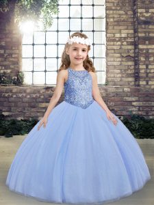  Light Blue Tulle Lace Up Scoop Sleeveless Floor Length Little Girls Pageant Dress Wholesale Beading