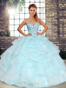 Beautiful Sleeveless Tulle Floor Length Lace Up Vestidos de Quinceanera in Light Blue with Beading and Ruffles