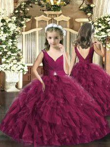  Burgundy Child Pageant Dress Party and Wedding Party with Beading and Ruffles Sleeveless Backless