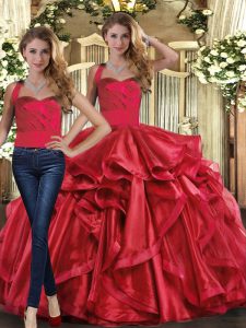  Red Lace Up Halter Top Ruffles Sweet 16 Dresses Organza Sleeveless