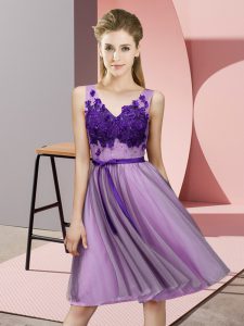  Lavender Vestidos de Damas Wedding Party with Appliques V-neck Sleeveless Lace Up