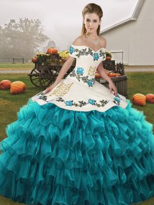 High Quality Teal Organza Lace Up Quinceanera Gown Sleeveless Floor Length Embroidery and Ruffled Layers